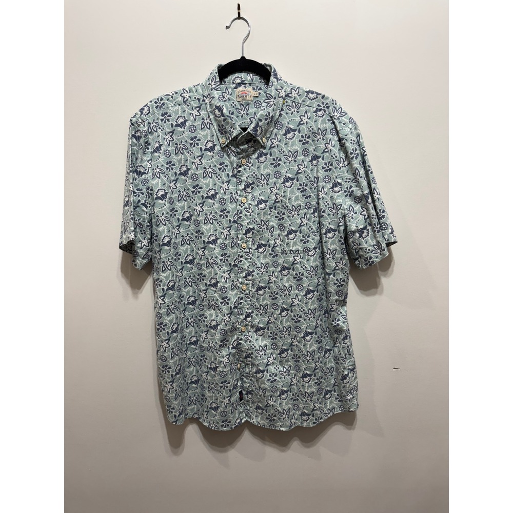 Faherty Brand Mens XL Short Sleeve Button Down Shirt Floral Block Print Sage